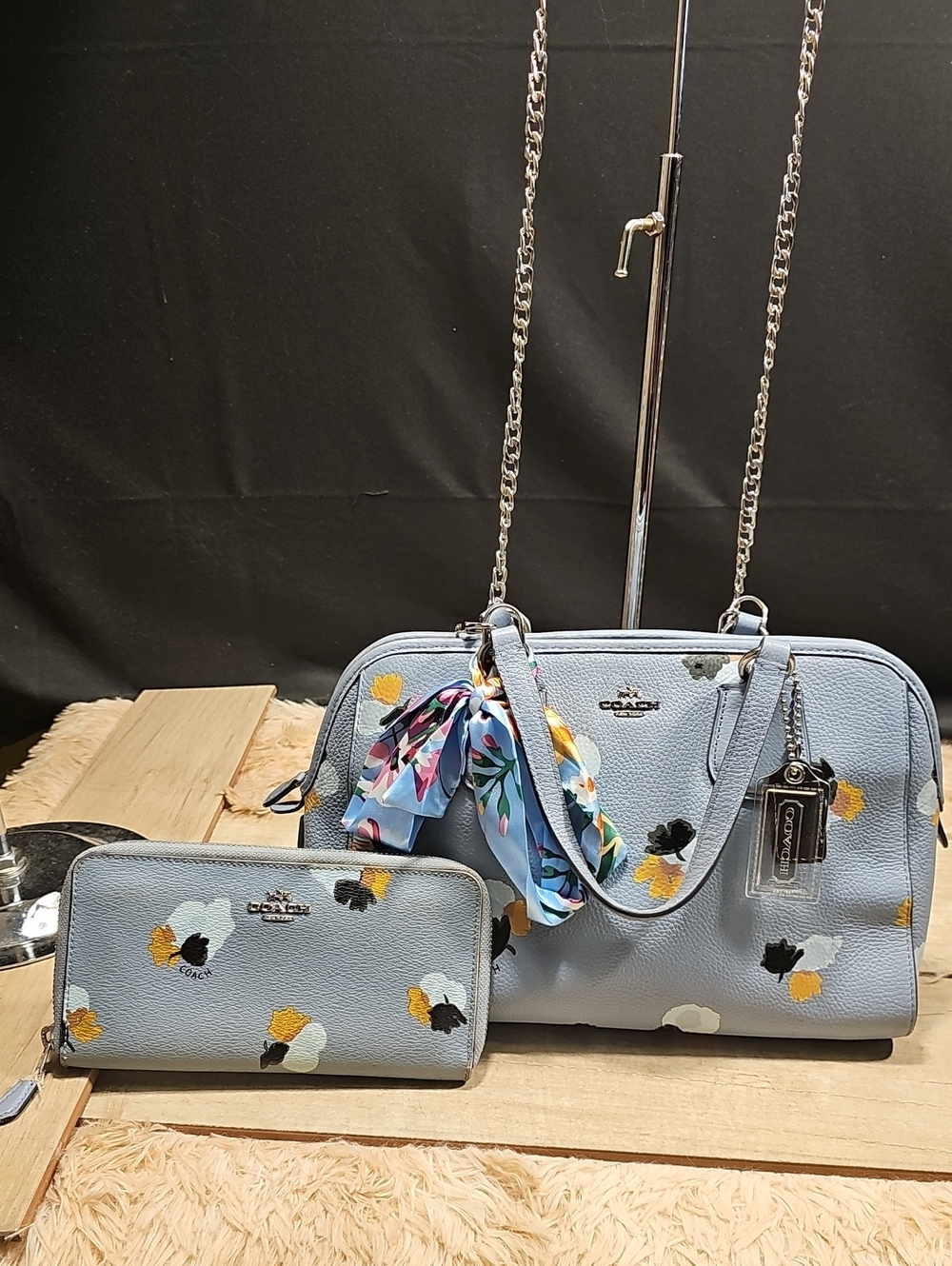 Light blue pebbled leather Floral Satchel with Matching Wallet